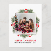 Elegant Watercolor Berries Merry Christmas Photo