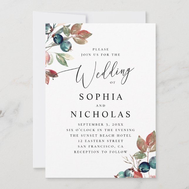 Elegant Watercolor Berry Wedding. Botanical Garden Invitation (Front)