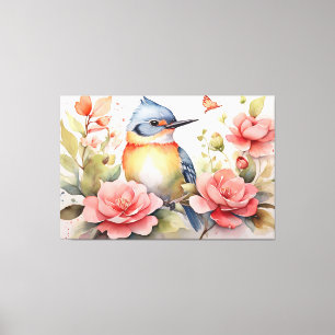 Elegant Watercolor Bird Floral Art Realistic  Canvas Print
