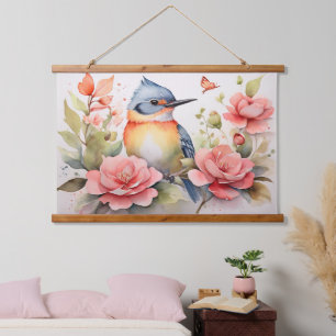Elegant Watercolor Bird Floral Art Realistic Hanging Tapestry