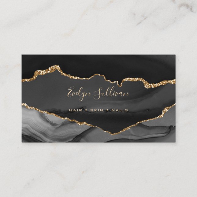 elegant watercolor black and gold agate business card (Front)