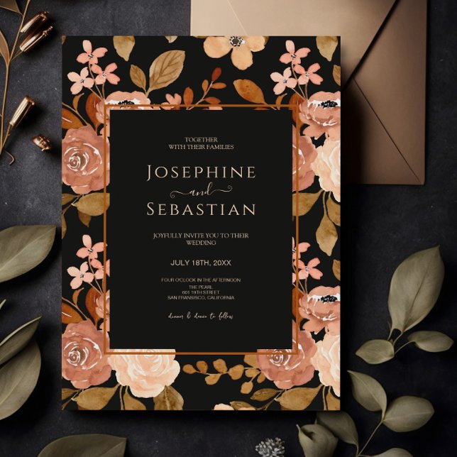 Elegant Watercolor Black Boho Floral Wedding Invitation (Creator Uploaded)