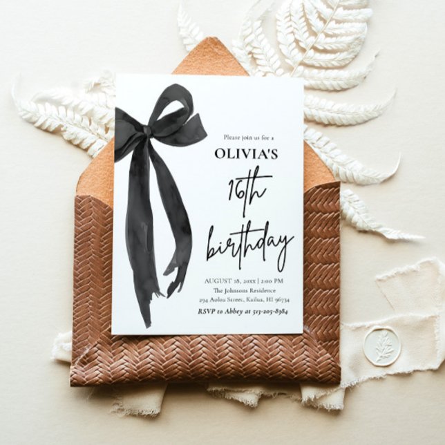 Elegant Watercolor Black Bow 16th Birthday Party Invitation (Watercolor Modern Elegant Coquette Black Bow Photo 16th Birthday Party Invitation)