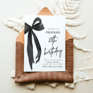 Elegant Watercolor Black Bow 20th Birthday Party Invitation