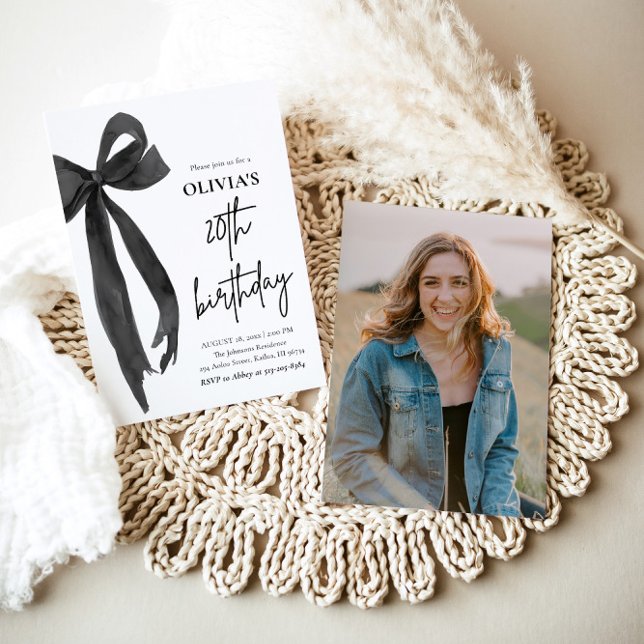 Elegant Watercolor Black Bow 20th Birthday Party Invitation (Watercolor Modern Elegant Coquette Black Bow Photo 20th Birthday Party Invitation)