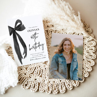 Elegant Watercolor Black Bow 40th Birthday Party Invitation