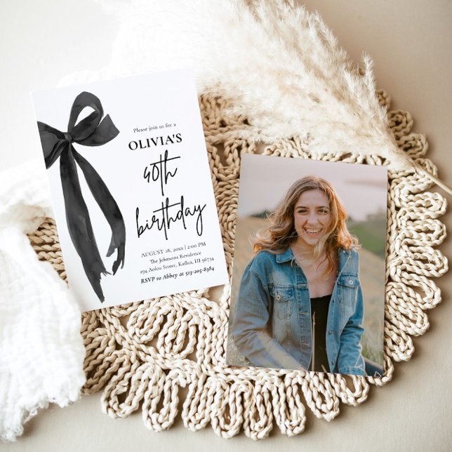 Elegant Watercolor Black Bow 40th Birthday Party Invitation (Watercolor Modern Elegant Coquette Black Bow Photo 40th Birthday Party Invitation)