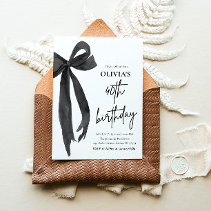 Elegant Watercolor Black Bow 40th Birthday Party Invitation