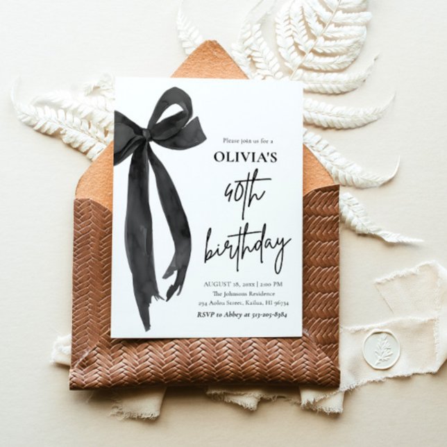 Elegant Watercolor Black Bow 40th Birthday Party Invitation (Watercolor Modern Elegant Coquette Black Bow Photo 40th Birthday Party Invitation)
