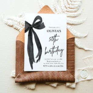 Elegant Watercolor Black Bow 50th Birthday Party Invitation