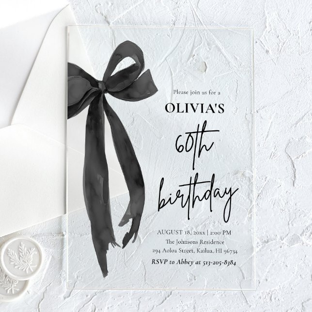 Elegant Watercolor Black Bow 60th Birthday Party Acrylic Invitations (Creator Uploaded)