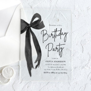 Elegant Watercolor Black Bow Birthday Party Acrylic Invitations