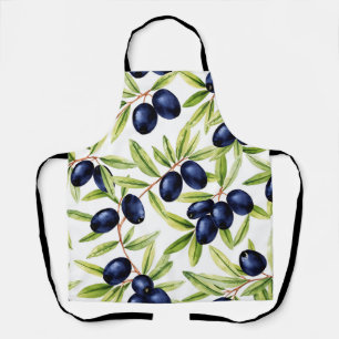 Elegant Watercolor Black Olives Seamless Pattern  Apron