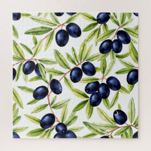 Elegant Watercolor Black Olives Seamless Pattern  Jigsaw Puzzle