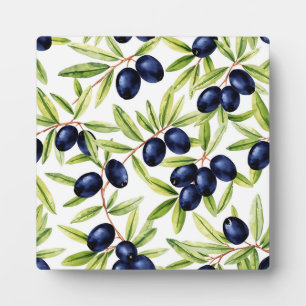 Elegant Watercolor Black Olives Seamless Pattern  Plaque