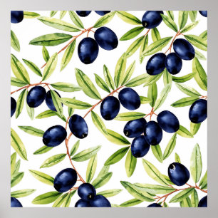 Elegant Watercolor Black Olives Seamless Pattern  Poster
