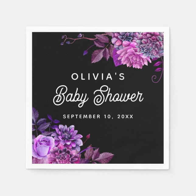 Elegant watercolor black purple floral baby shower napkin (Front)