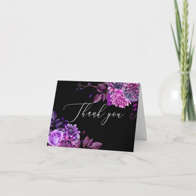 Elegant watercolor black purple floral birthday  thank you card (Front)