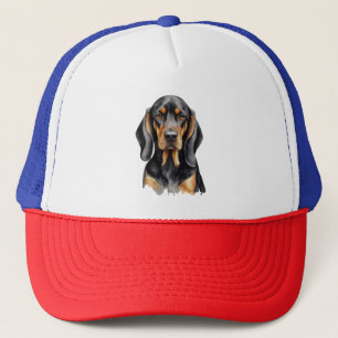 Elegant watercolor Black & Tan Coonhound Dog Trucker Hat