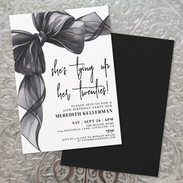 Elegant Watercolor Black White Bow Birthday Party Invitation (Elegant Watercolor Black White Bow Birthday Party Invitation)