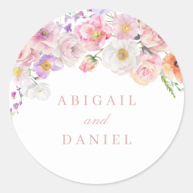 Elegant Watercolor Bloom Wedding Classic Round Sticker (Front)
