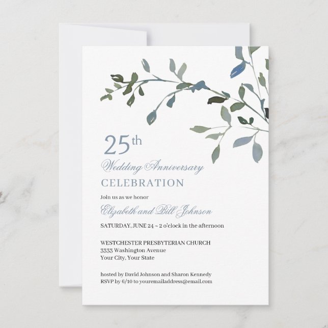 Elegant Watercolor Blue 25th Wedding Anniversary Invitation (Front)