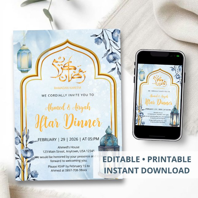 Elegant Watercolor Blue and Gold Lantern Iftar Invitation (Creator Uploaded)