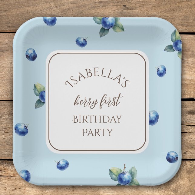 Elegant Watercolor Blue Berry First Birthday Party Paper Plate (Creator Uploaded)