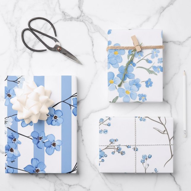 Elegant Watercolor Blue Blossoms Pattern Design Wrapping Paper Sheet (Creator Uploaded)