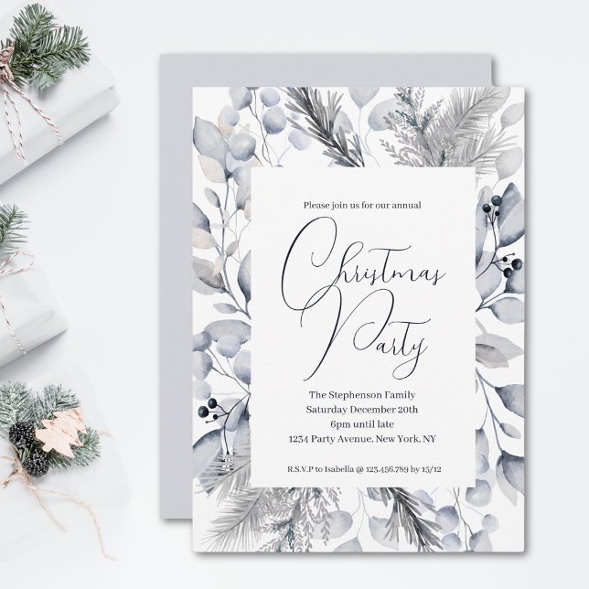 Elegant Watercolor Blue Botanical Christmas Party Invitation (Creator Uploaded)