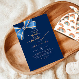 Elegant Watercolor Blue Bow Baby Shower Invitation