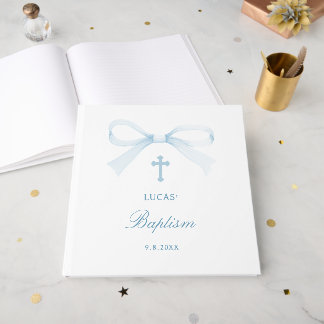 Elegant Watercolor Blue Bow Baptism Guest Book