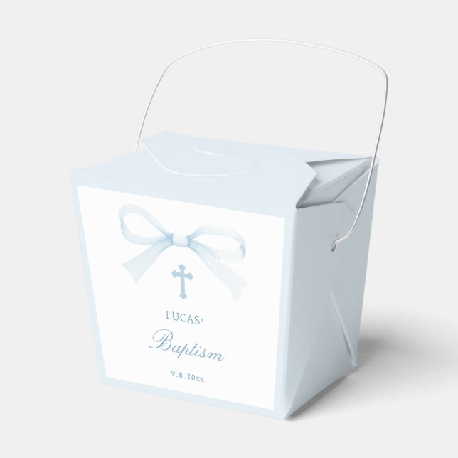 Elegant Watercolor Blue Bow Baptism Take Out Favour Box (Front Side)