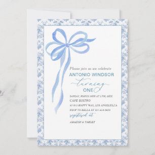 Elegant Watercolor Blue Bow Boy Baby Shower Invitation