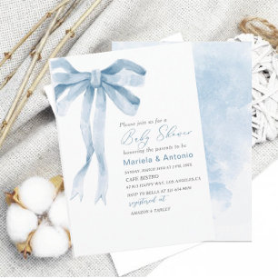 Elegant Watercolor Blue Bow Boy Baby Shower Invitation