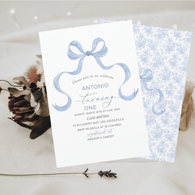 Elegant  Watercolor Blue Bow Boy Baby Shower Invitation (Creator Uploaded)