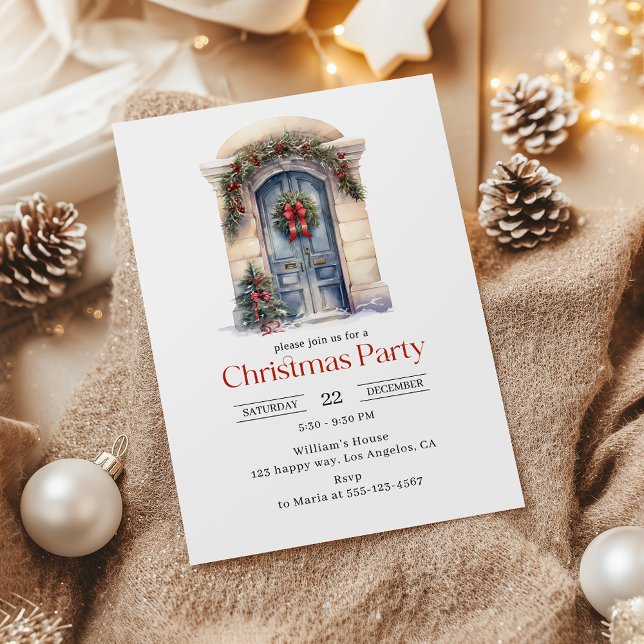 Elegant Watercolor Blue Door Christmas Party  Invitation (Creator Uploaded)