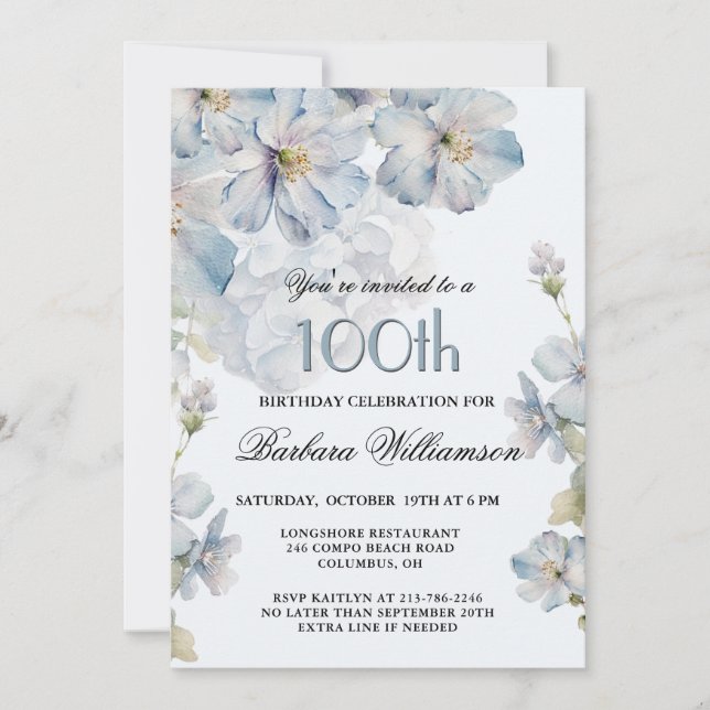 Elegant Watercolor Blue Floral 100th Birthday  Invitation (Front)