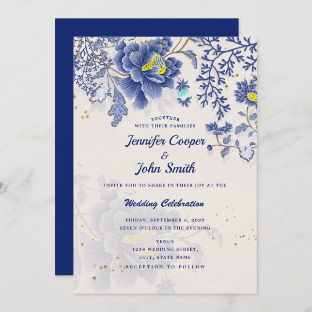 Elegant Watercolor Blue Floral Botanical Wedding Invitation (Front/Back)