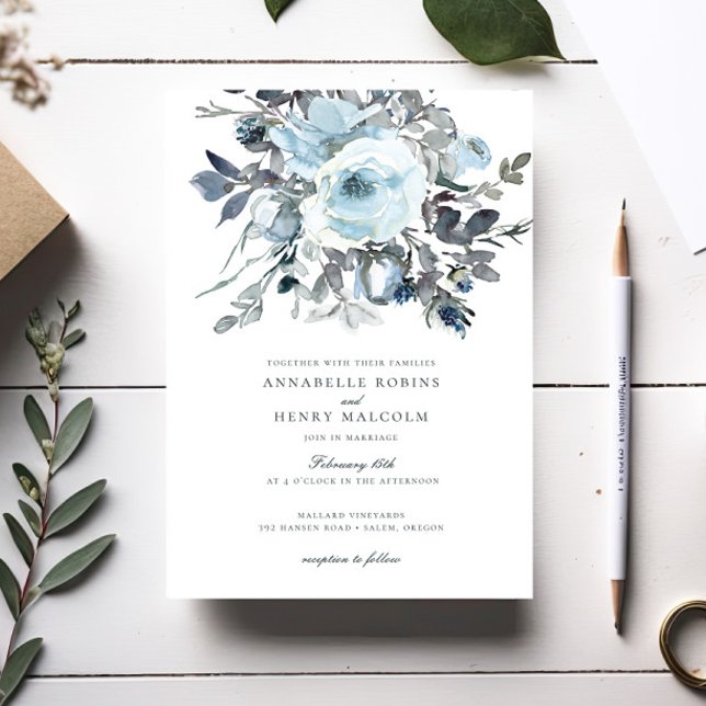 Elegant Watercolor Blue Floral Greenery Wedding Invitation (Creator Uploaded)