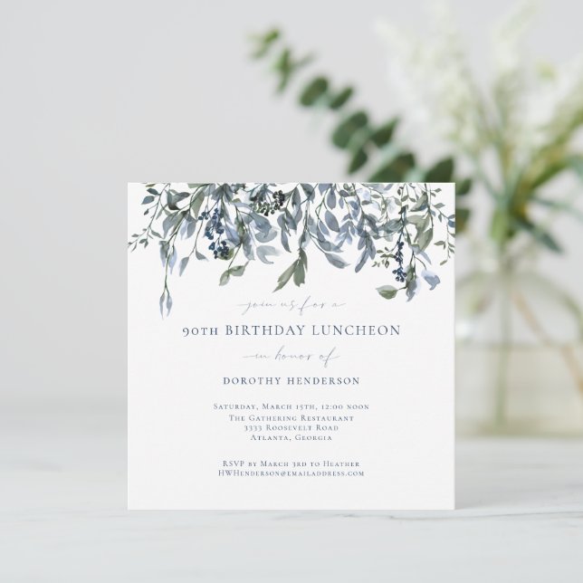 Elegant Watercolor Blue Floral Vines 90th Birthday Invitation (Standing Front)