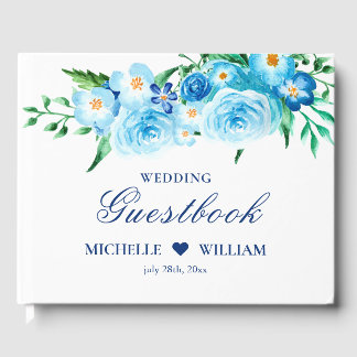 Elegant Watercolor Blue Floral White Wedding   Guest Book