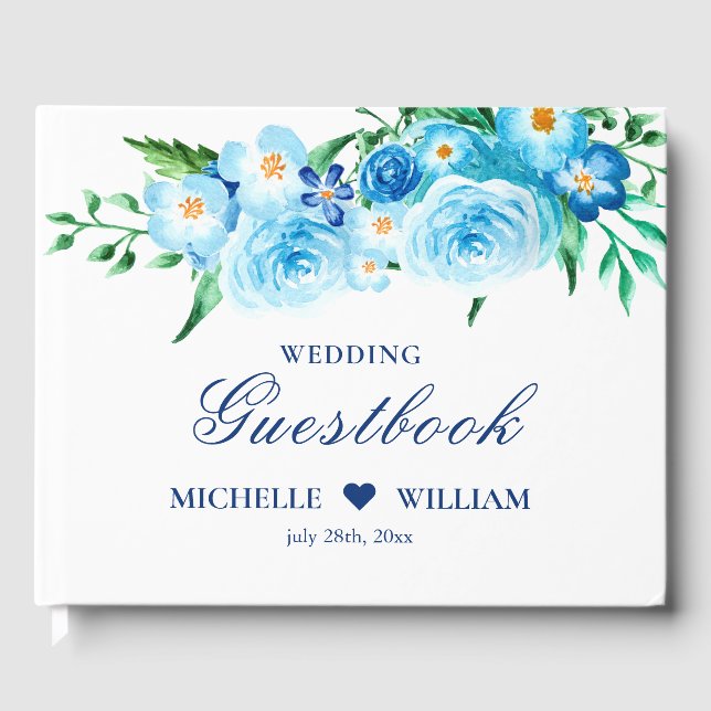 Elegant Watercolor Blue Floral White Wedding   Guest Book (Front)