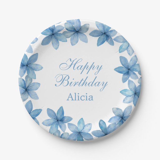 Elegant Watercolor Blue Flower Any Age Birthday Paper Plate