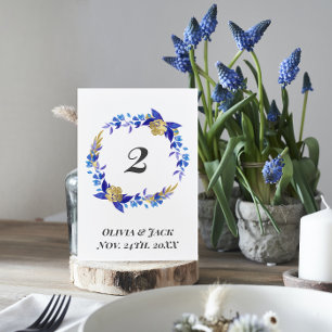 Elegant Watercolor Blue Flower Wedding Table Number