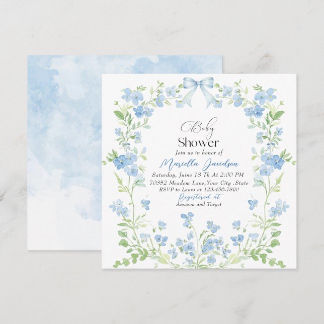 Elegant Watercolor Blue Flowers Baby Shower Invitation (Front/Back)