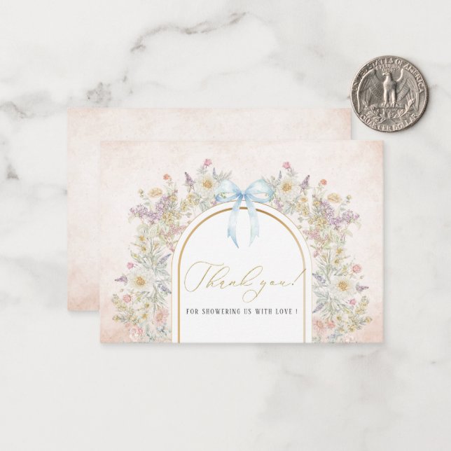 Elegant Watercolor Blue flowers Bow ribbon  Baby s Card (Front/Back In Situ)