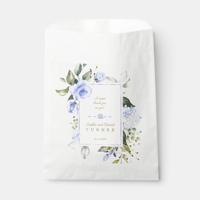 Elegant Watercolor Blue Flowers Frame Wedding Favour Bags (Front)