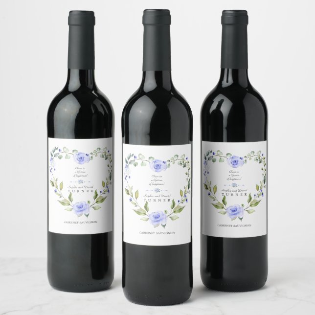 Elegant Watercolor Blue Flowers Wreath Wedding Wine Label (Bottles)
