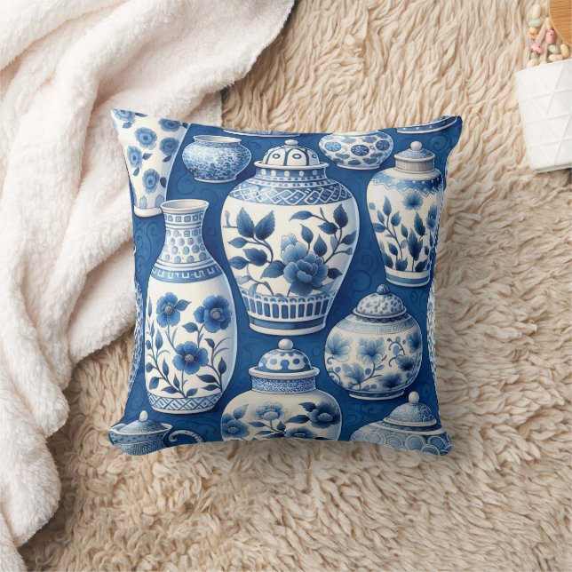 Elegant Watercolor Blue Ginger Jars Pattern Cushion (Blanket)